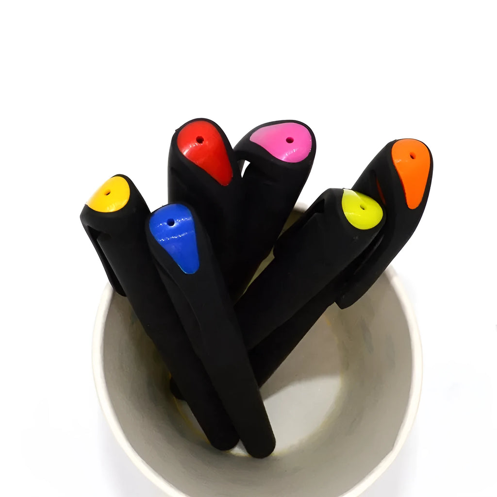 Pack of 10 assorted colour plastic gel pens with black refills, 14cm long.