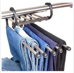 Versatile 5-in-1 stainless steel clothing rack with dual-hook system for organised wardrobe