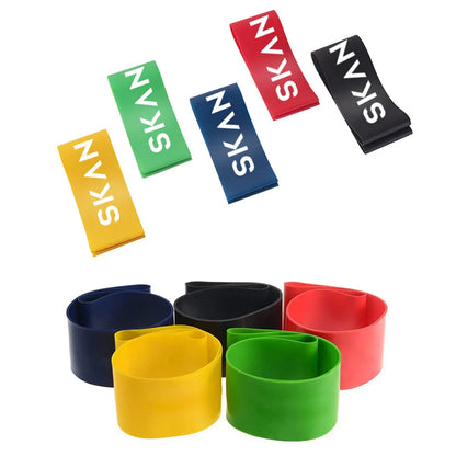 Set of five colour-coded resistance bands for yoga and fitness training, with storage bag
