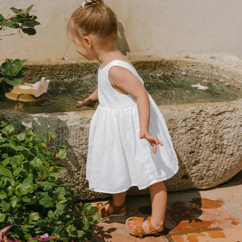 Girls cotton sleeveless dress in white, princess style, suitable for 90-130cm height