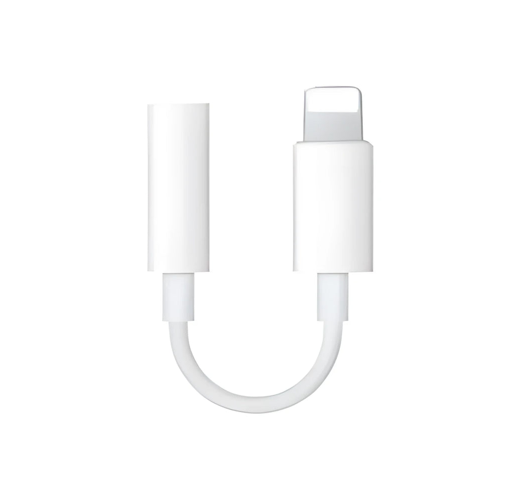 White Lightning to 3.5mm audio adapter cable on a dark background, showing both connectors.