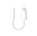 White Lightning to 3.5mm audio adapter cable on a dark background, showing both connectors.