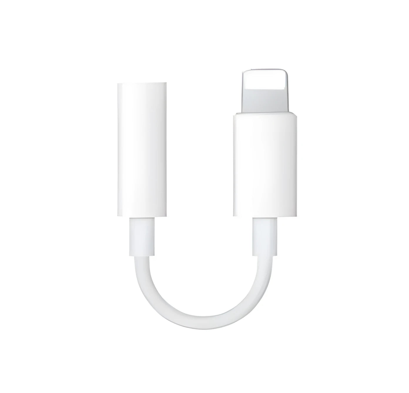 White Lightning to 3.5mm audio adapter cable on a dark background, showing both connectors.