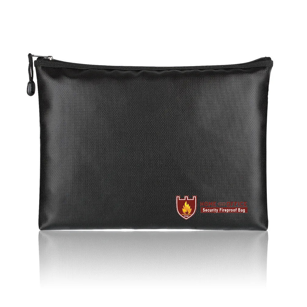 Black fire-proof contract document bag with organisational pockets shown in three size options