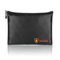 Black fire-proof contract document bag with organisational pockets shown in three size options