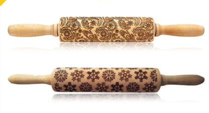 Wooden Christmas embossing rolling pin with non-stick surface for festive baking