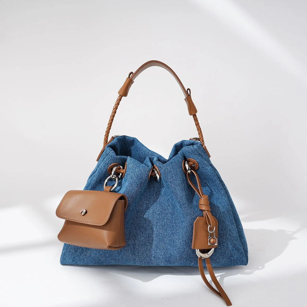 Denim oval handbag with open pocket, 29x20x12cm, urban simplicity style, blue option