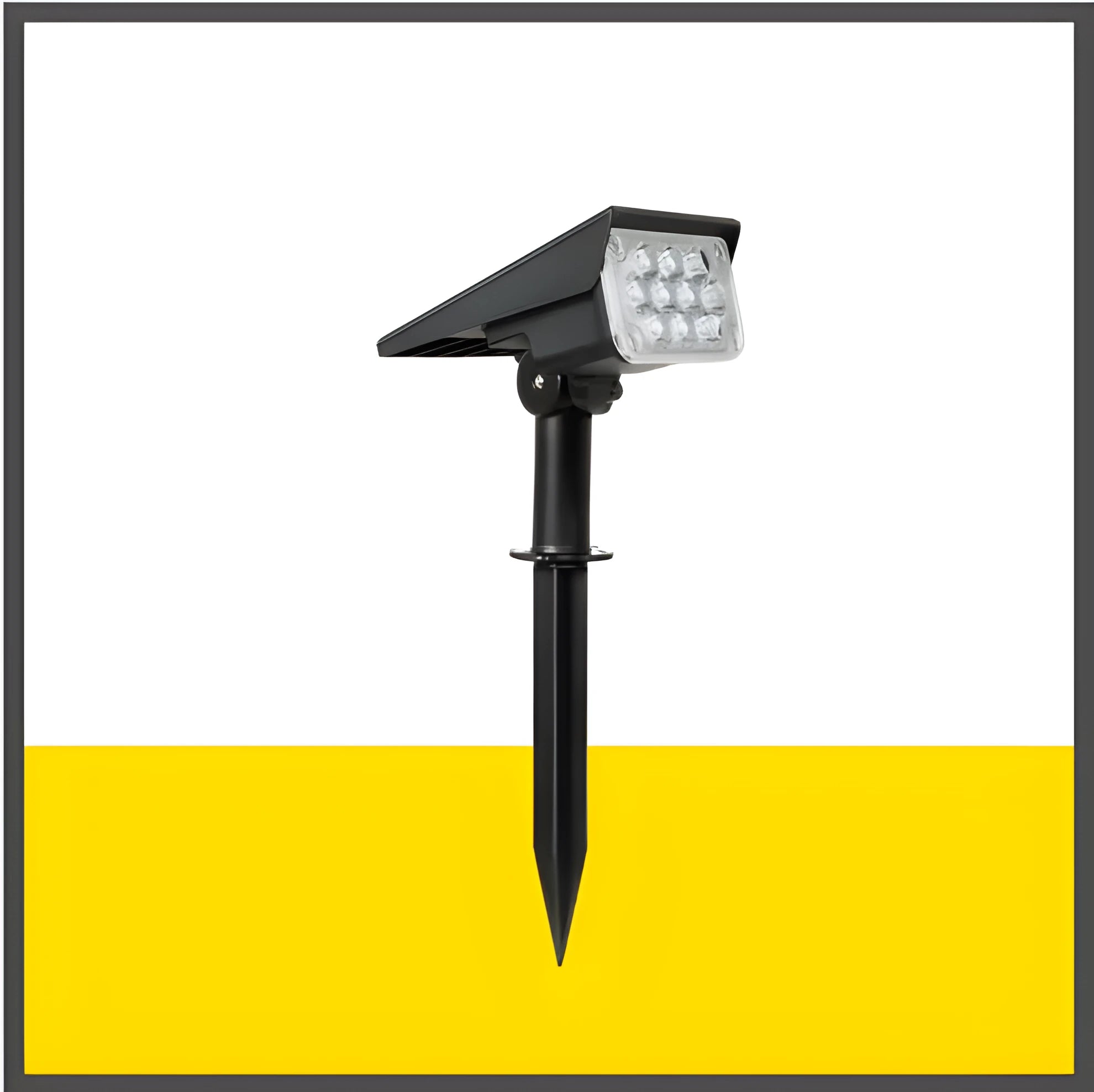 Adjustable black solar spotlight with poly-crystalline panel and 6000K cold white light for outdoor garden use