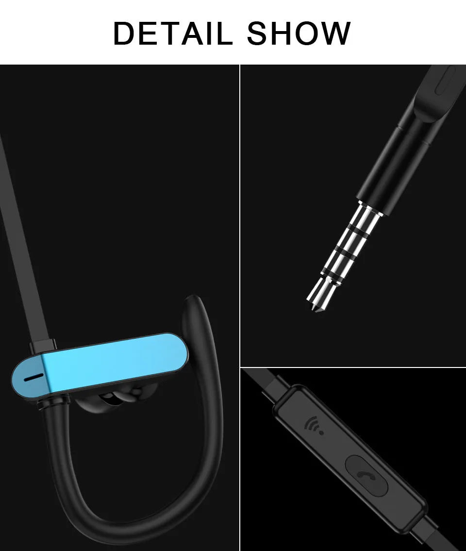 Black and blue universal sport earphone with flexible silicone ear hooks and gel earbuds, showing the 3.5mm jack.