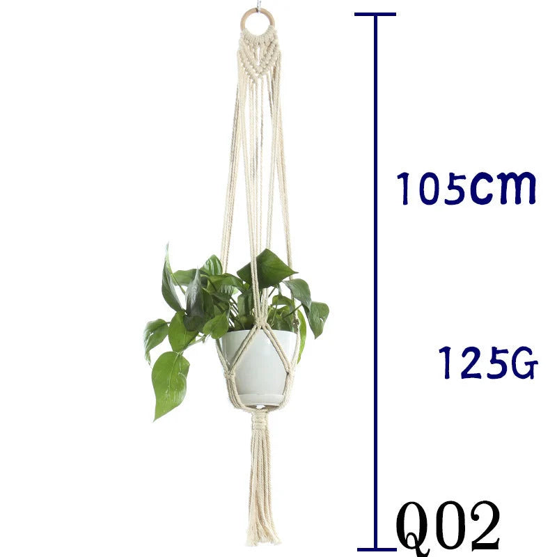Handmade beige cotton rope flower pot net bag for indoor plants, American Country style