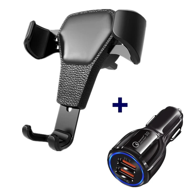 Leather grain gravity mobile phone car holder in black and white, secure and stylish design