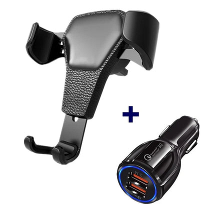 Leather grain gravity mobile phone car holder in black and white, secure and stylish design