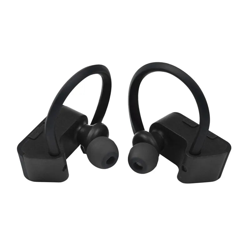 Black wireless Bluetooth V5.0 in-ear headphones with ergonomic silicone tips.