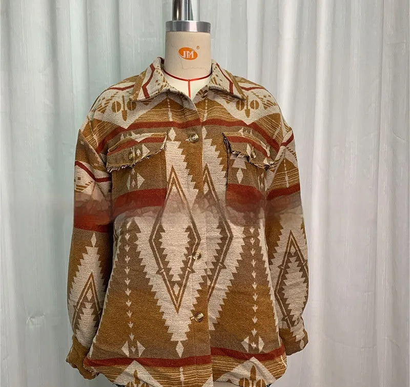 Women's loose-fit retro jacket with Aztec print in Army Green, made from wool blend fabric.