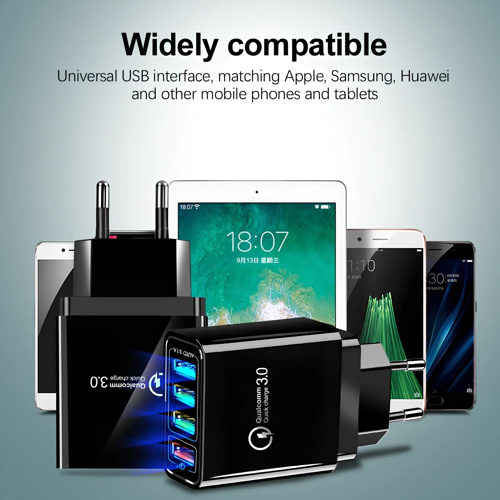 Black 4-port USB QC3.0 fast charger with 3100mA output for mobile phones and devices