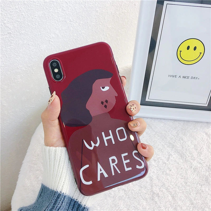 Stylish wine-red phone case with illustration of a kawaii-inspired girl, capturing the vibrant Japanese and Korean style