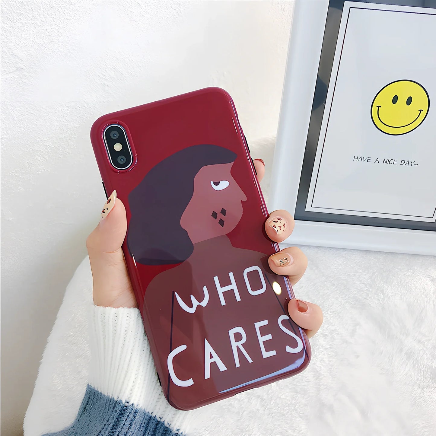 Wine red silicone iPhone case with Japanese-Korean brown girl illustration design and protective edges