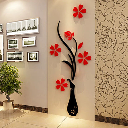 Creative acrylic 3D vase wall sticker in various colors and sizes for home and office decor