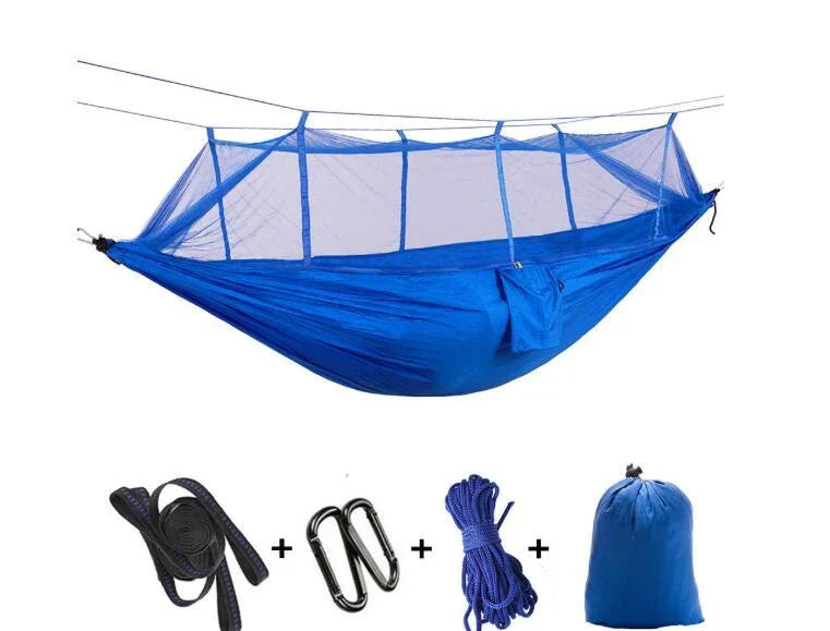 Parachute hammock with mosquito net in various colors and sizes, ideal for outdoor adventures and relaxation