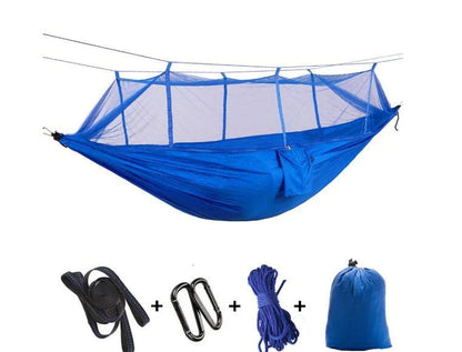 Parachute hammock with mosquito net in various colors and sizes, ideal for outdoor adventures and relaxation