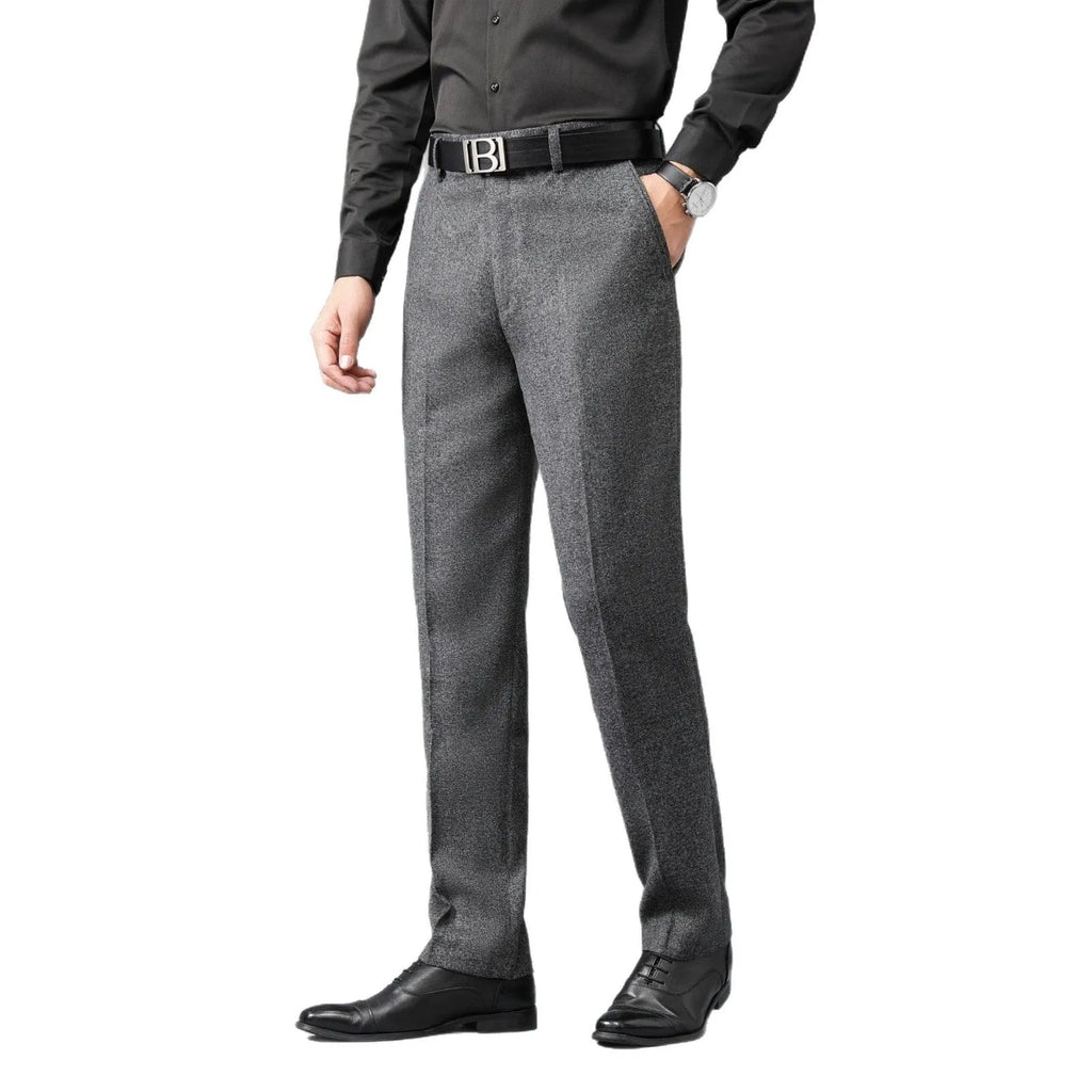 Men's loose high-waist straight suit pants in blue gray polyester fabric