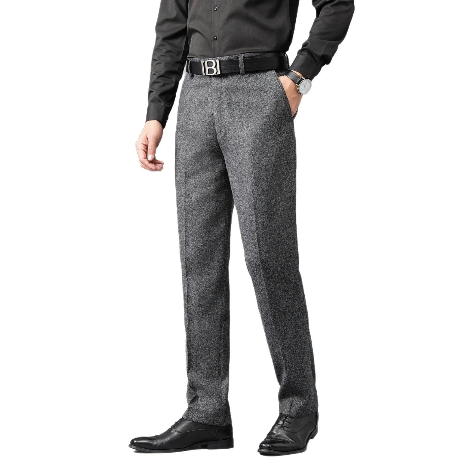 Men's loose high-waist straight suit pants in blue gray polyester fabric