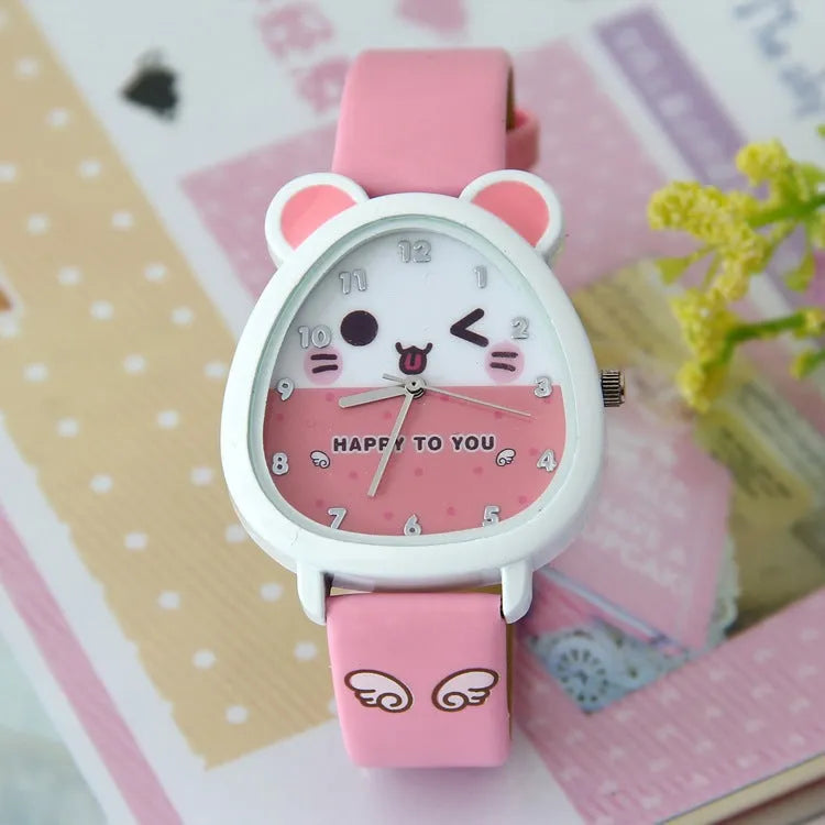 Cartoon children sports watch with oval dial, faux leather strap, and alloy case in white