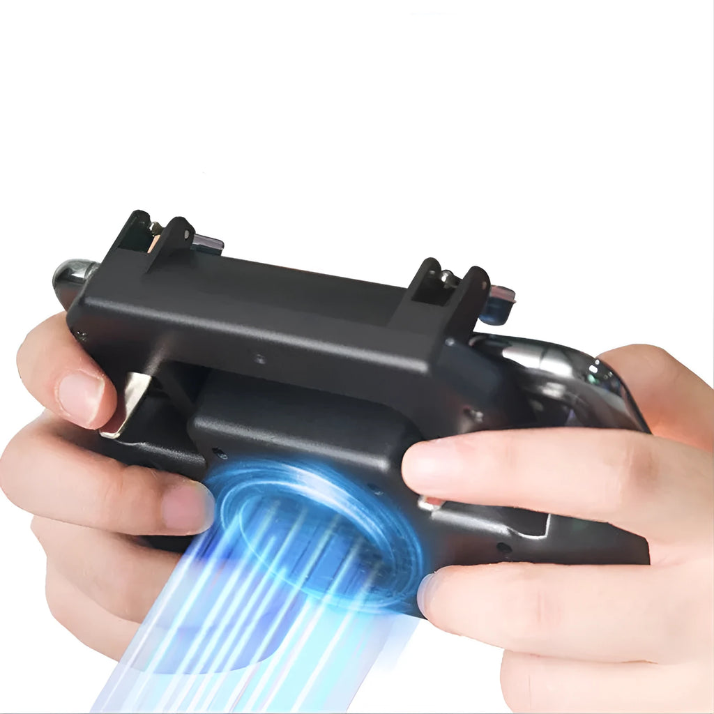 Black USB mobile game controller for smartphones with aluminium alloy frame on a table.