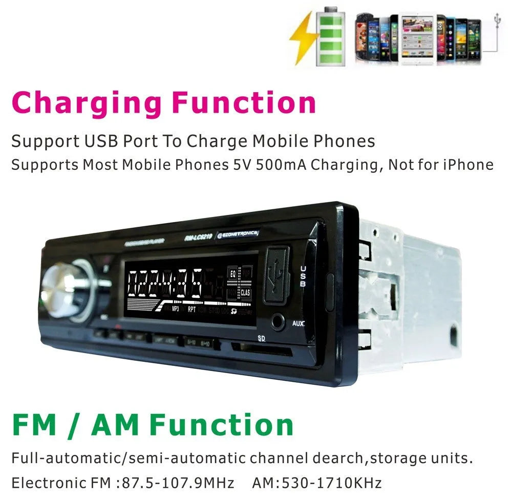 EZONETRONICS car stereo receiver with Bluetooth, FM radio, USB, SD card, and auxiliary inputs