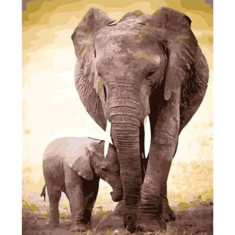 Hand-painted mom and baby elephant digital oil painting on linen, romanticism genre