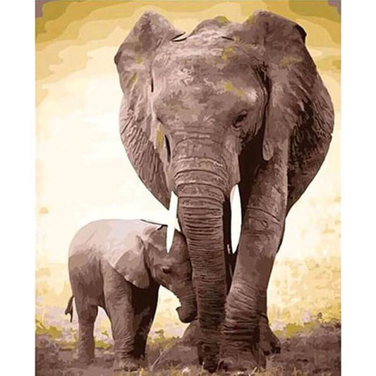 Hand-painted mom and baby elephant digital oil painting on linen, romanticism genre