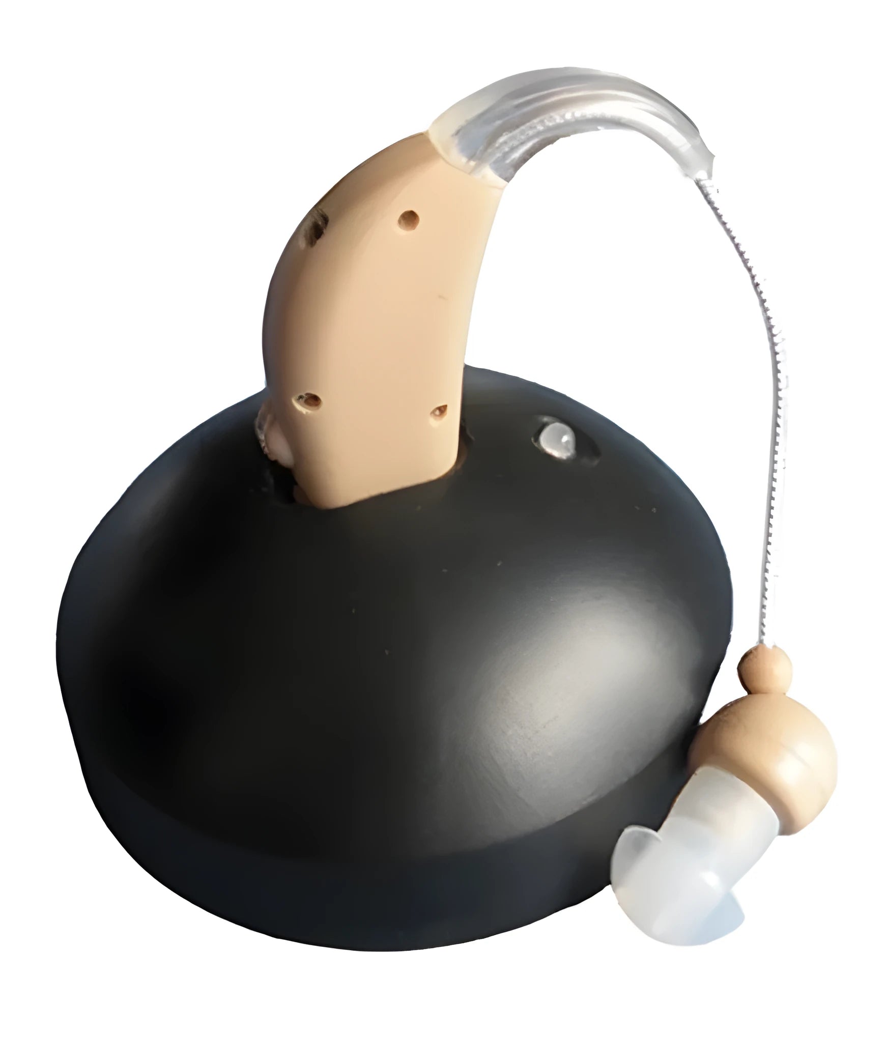 Small white rechargeable BTE hearing aid amplifier with charging cable, shown with EU and US plug options.