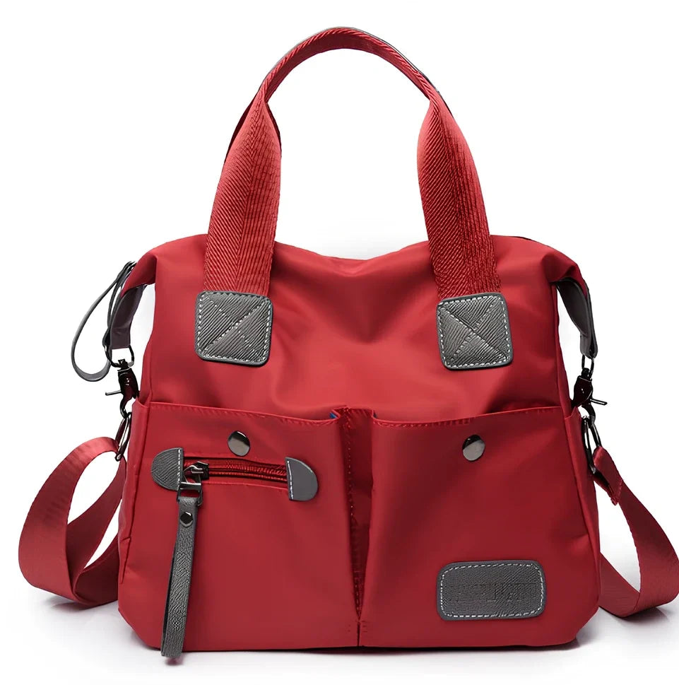 Ladies shoulder bag in black Oxford fabric, size M with multiple pockets and adjustable straps for handbag or crossbody carry, 340 mm width