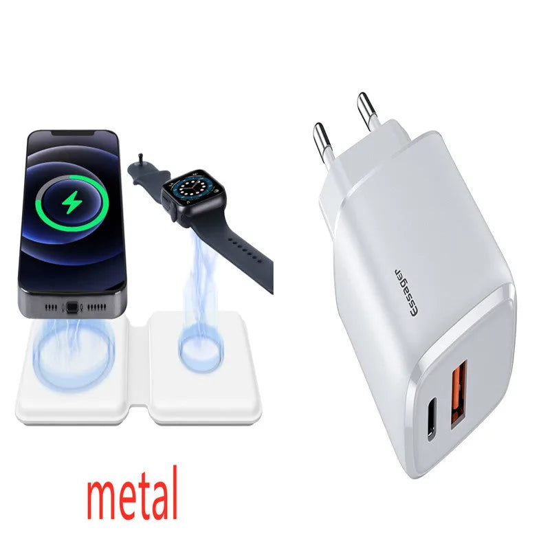 White foldable magnetic wireless charging dock showing two phones charging simultaneously at an angle.