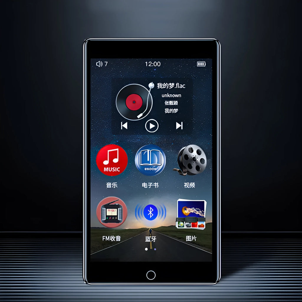 Black Ruizu H1 slim MP4 player with 4-inch touchscreen showing media playback interface