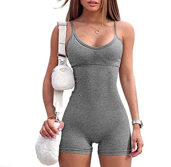 Stylish spaghetti strap romper in a variety of vibrant colors, designed for fashion, fitness, and everyday comfort.