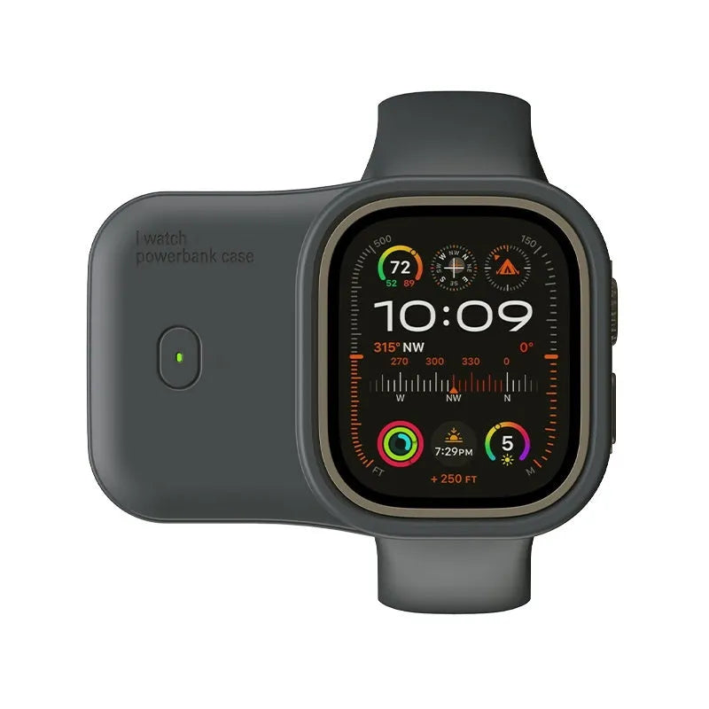Apple Watch portable wireless charging power bank case with silicone cover in brown, midnight blue, or starlight.