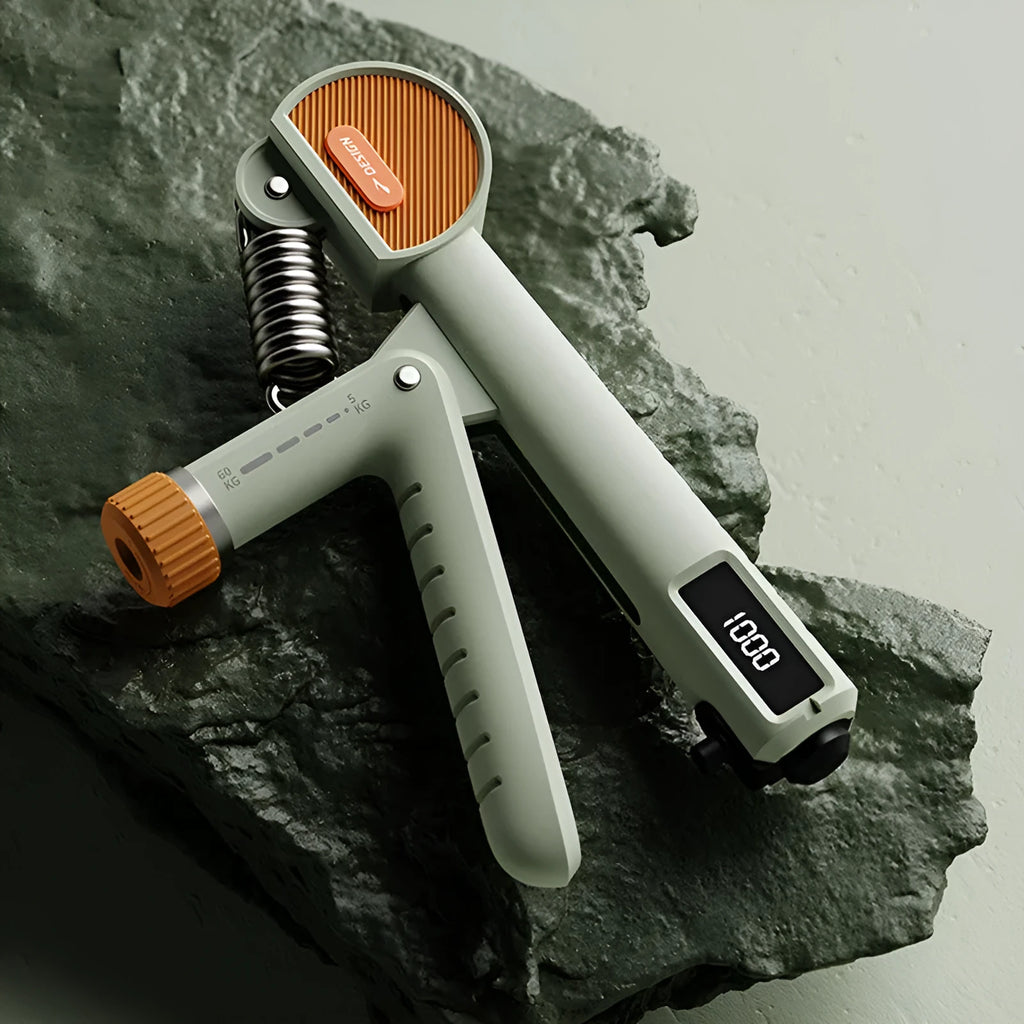 Adjustable spring grip strengthener in ABS plastic available in ivory white, dark black, or green colours
