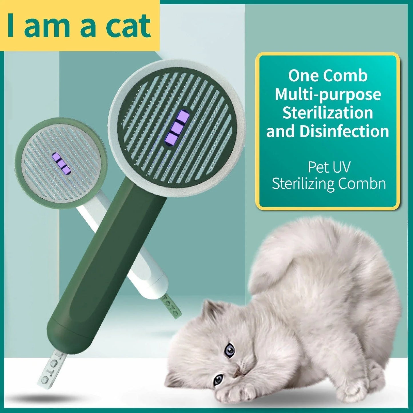 Rechargeable pet grooming brush with UV-C sterilization and automatic hair collection