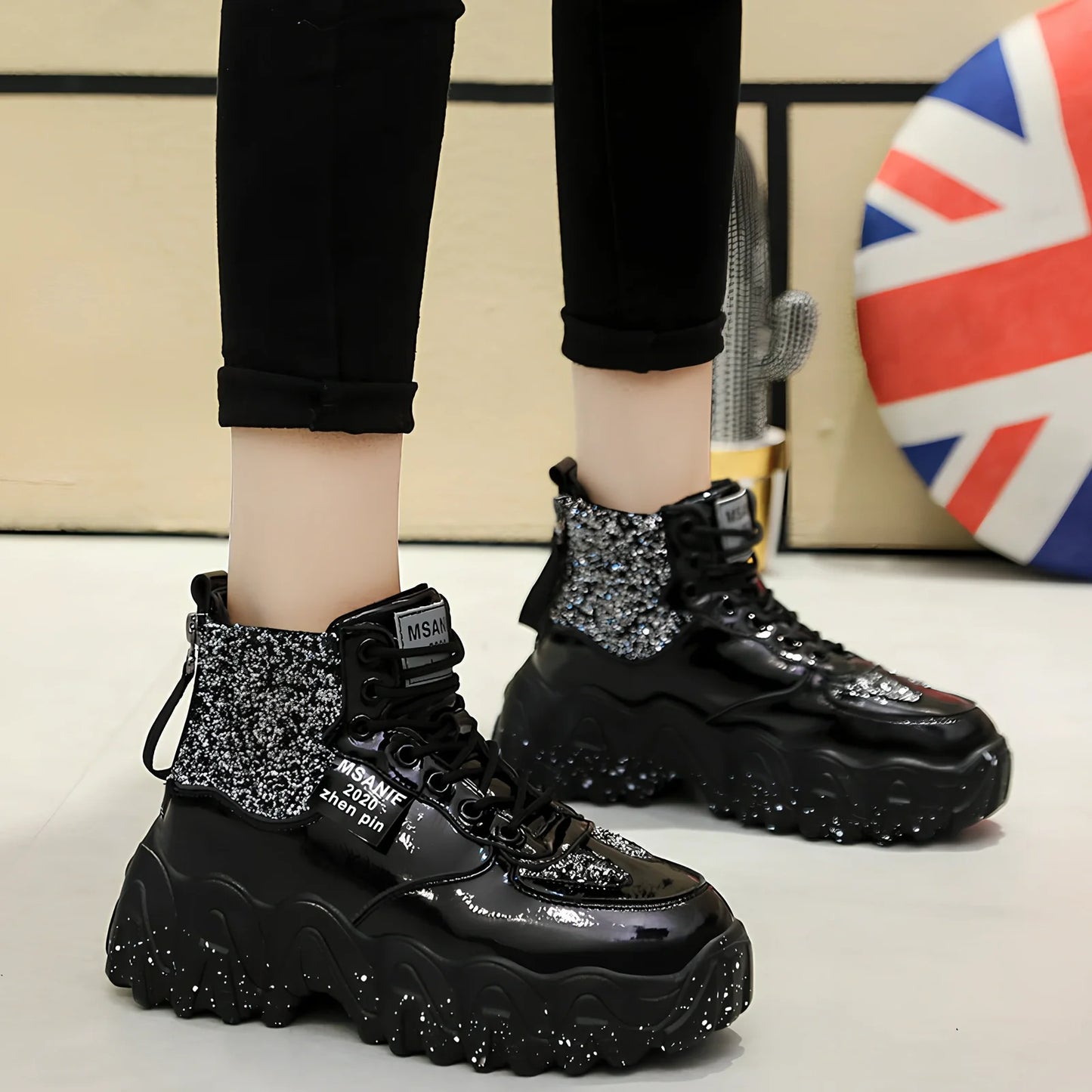 Women's platform sneakers with decorative sequins and 3-5cm heel in black, red, or silver