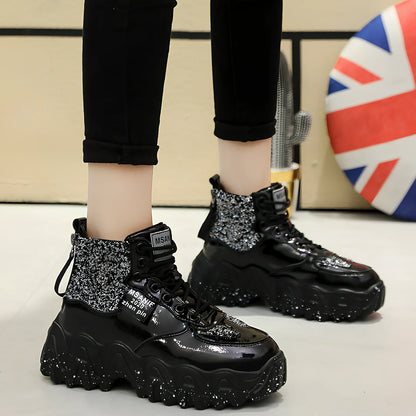 Women's platform sneakers with decorative sequins and 3-5cm heel in black, red, or silver