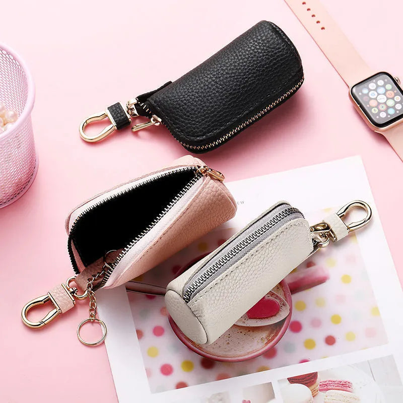 Men's black waterproof pu leather zipper key ring with key case showing expansion storage