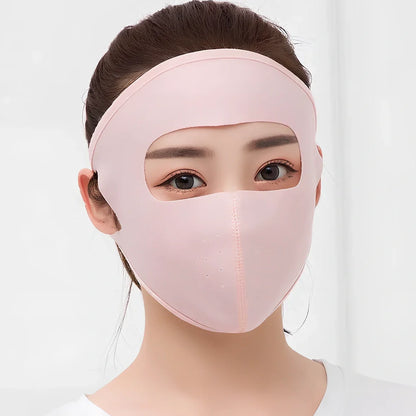 Breathable ice silk full face sun mask for women in navy blue, regular size, protecting eyes and skin from UV rays