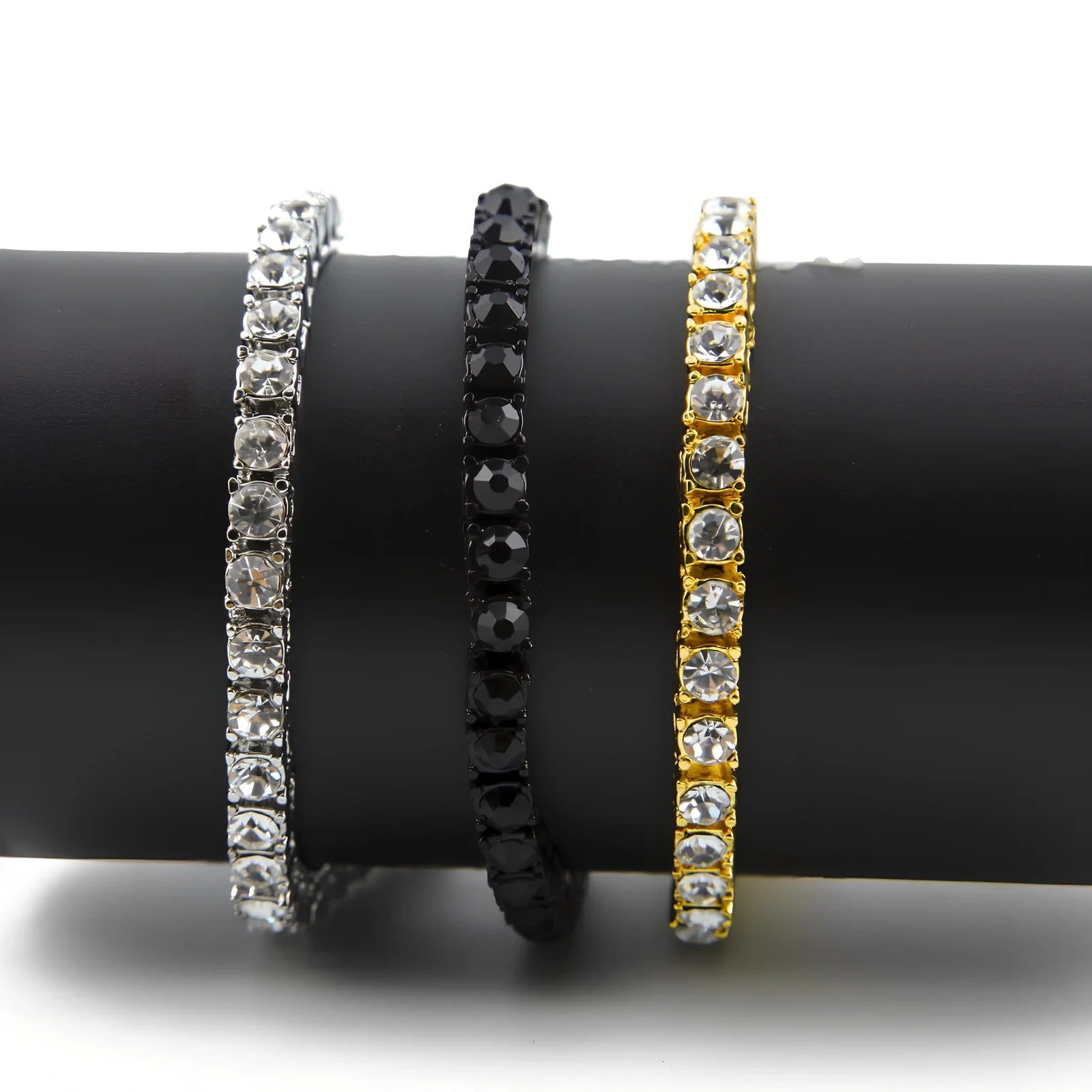 Gold iced hip hop bracelet with AAA rhinestone geometric chain, 5mm width 8 inch length on wrist