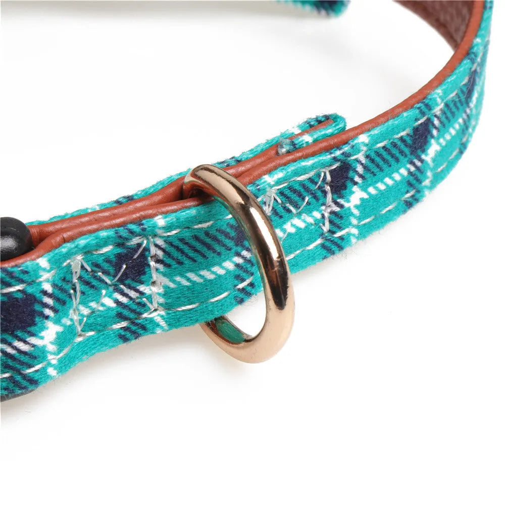Adjustable bowknot traction collar for dogs made from cotton and PU leather in lattice pattern