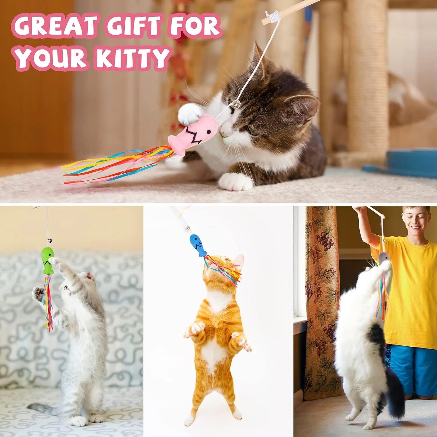 Blue cat wand toy with wooden handle, elastic rope, colourful ribbons, bell, and a catnip fish.