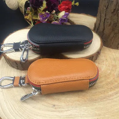 Black leather zipper key bag for car and home keys, compact 15.5cm size