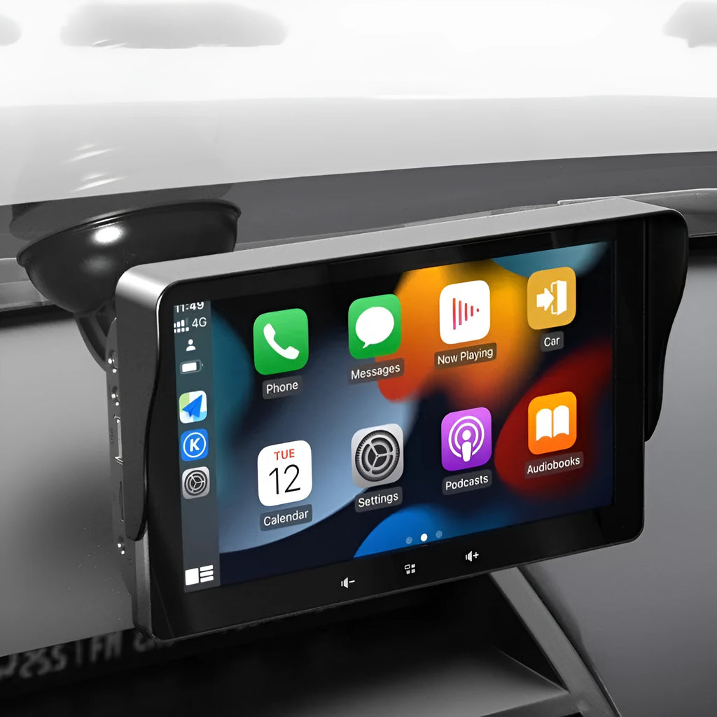 7 inch wireless CarPlay display for car dashboard with suction cup mount and cigarette lighter power cable
