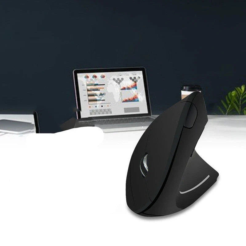 Ergonomic vertical wireless mouse in black and brown with 6 buttons and 10m range