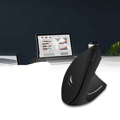 Ergonomic vertical wireless mouse in black and brown with 6 buttons and 10m range